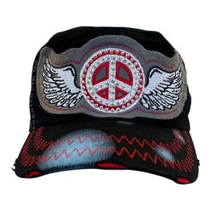 Graphic Rhinestone Wing Peace Sign Cap Y2K